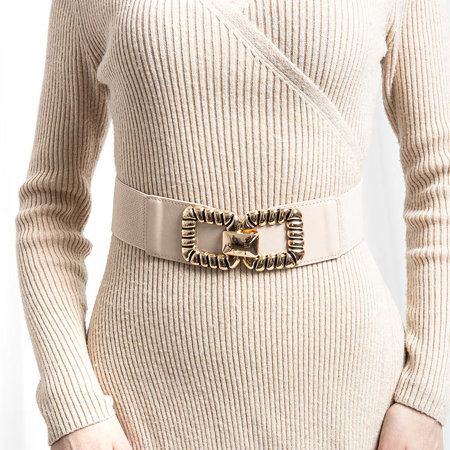 Beige elastic women's belt with a golden buckle - Accessories