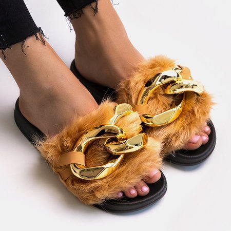 Beige women's slippers with fur Goldie - Footwear