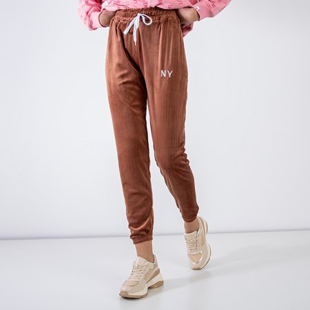 Brown women's sweatpants with embroidered inscription - Clothing