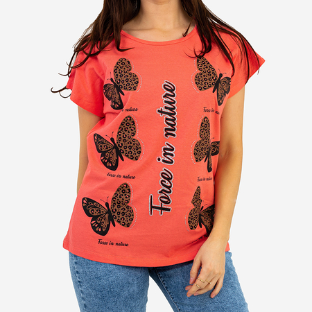 Coral women's t-shirt with butterfly print PLUS SIZE - Clothing