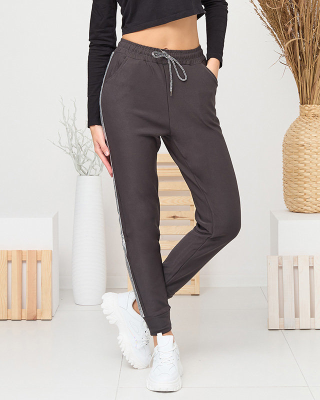 Gray insulated women's sweatpants with silver stripes- Clothing