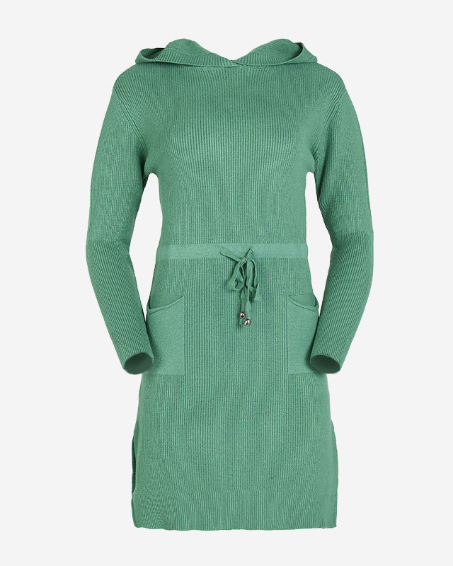 Green women's sweater dress with hood - Clothing
