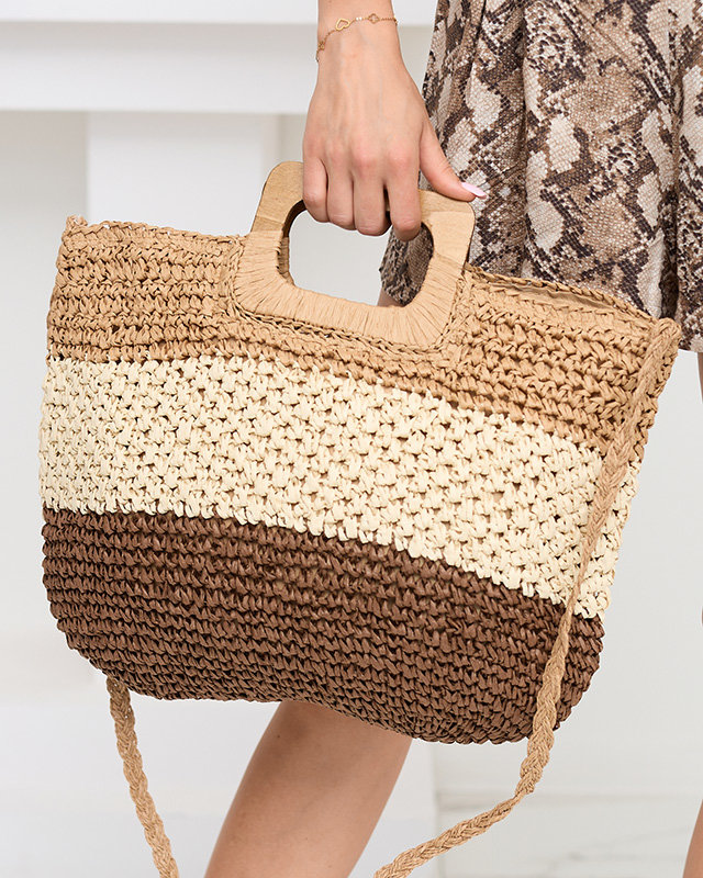 Large brown and beige straw striped women's handbag - Accessories