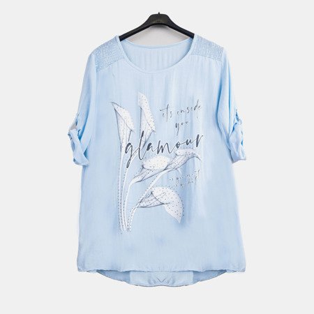 Light blue women&#39;s tunic with print and inscriptions - Blouses 1