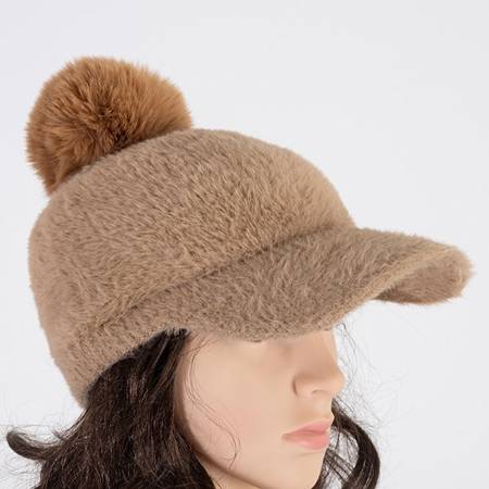 Light brown women's cap with a pompom - Accessories