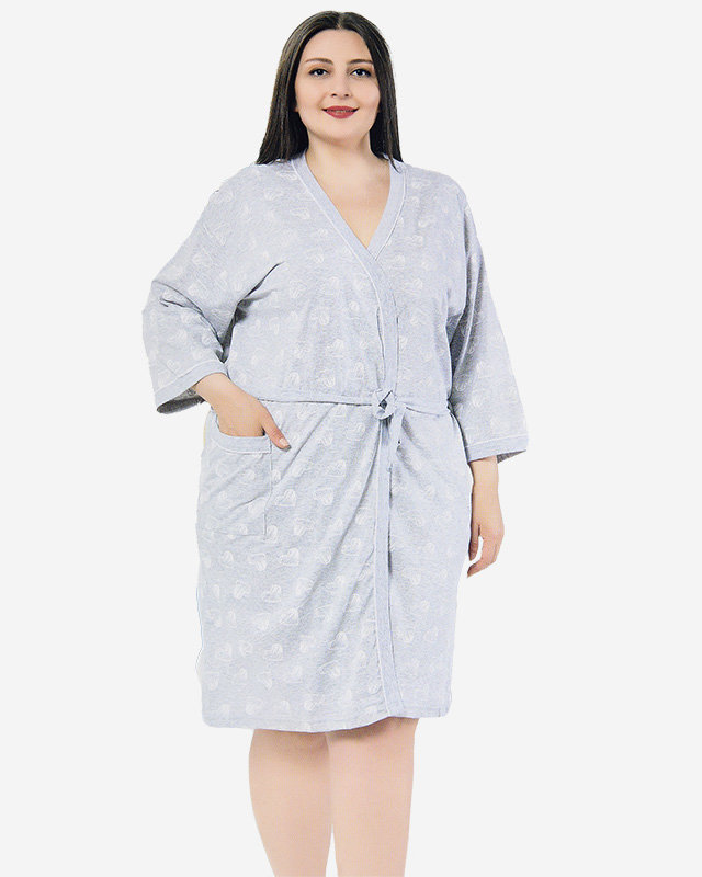 Light grey women's cotton robe with hearts PLUS SIZE - Clothing