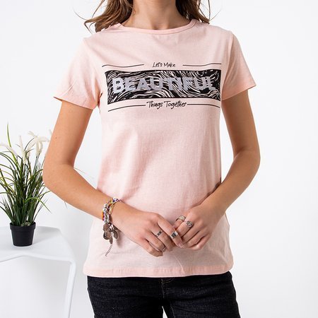 Light pink women's t-shirt with a print - Clothing