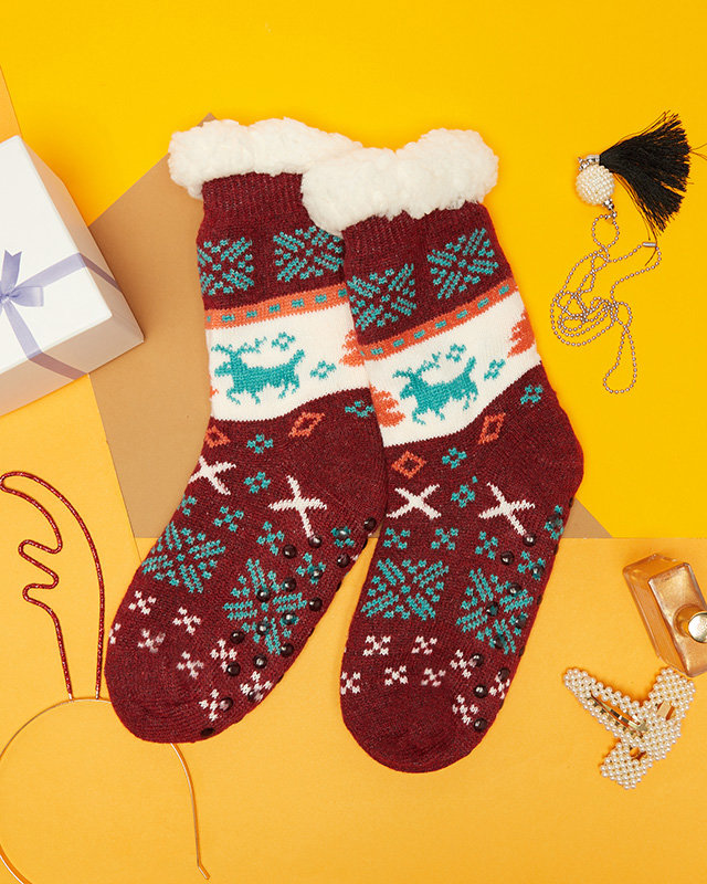 Maroon women's socks with a Christmas pattern - Underwear
