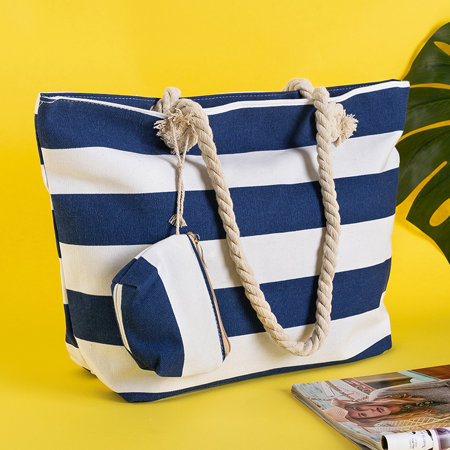 Navy blue striped beach bag with a sachet - Accessories