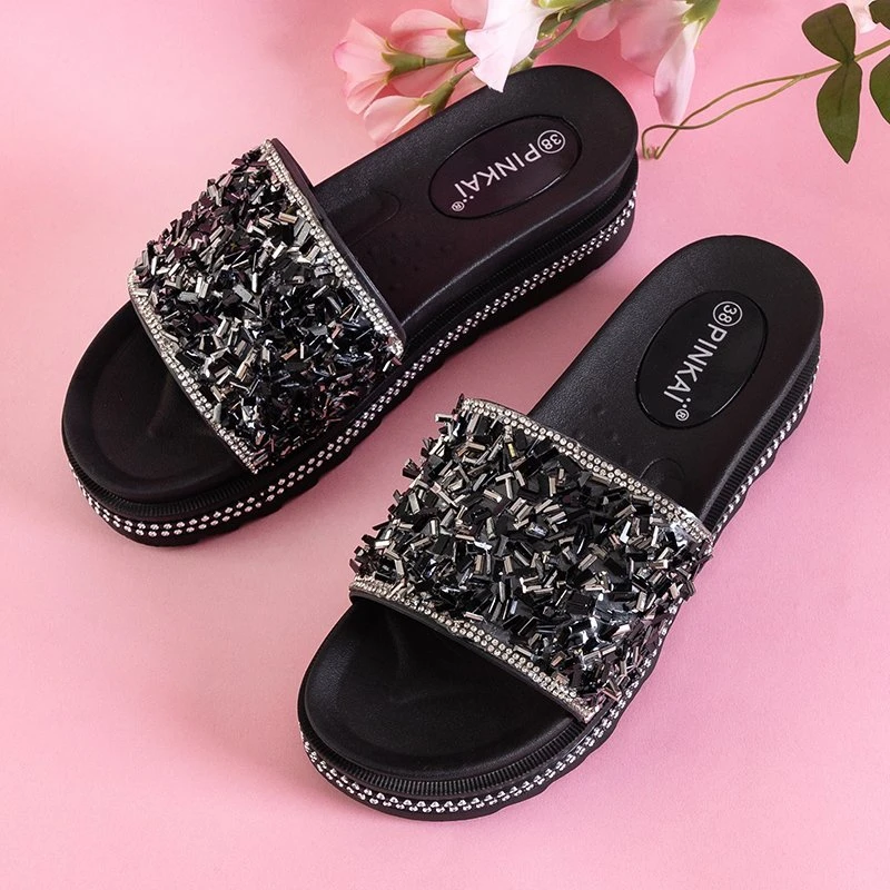 OUTLET Black women's platform slippers with Lorenali cubic zirconias - Footwear