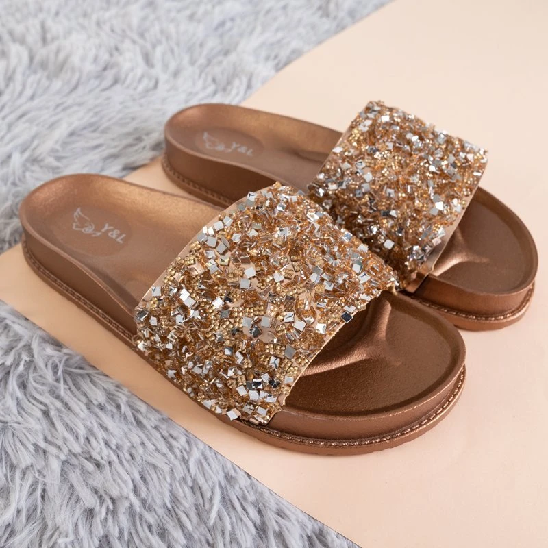 OUTLET Light brown women's slippers with a decorative belt Pigz - Footwear