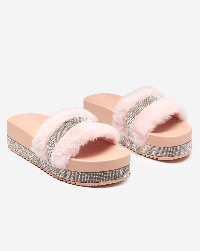 OUTLET Pink women's flip-flops with fur and zircons Zerika - Footwear