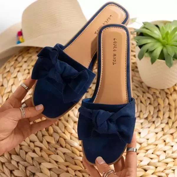OUTLET Women's navy blue slippers with a Mirenae bow - Footwear