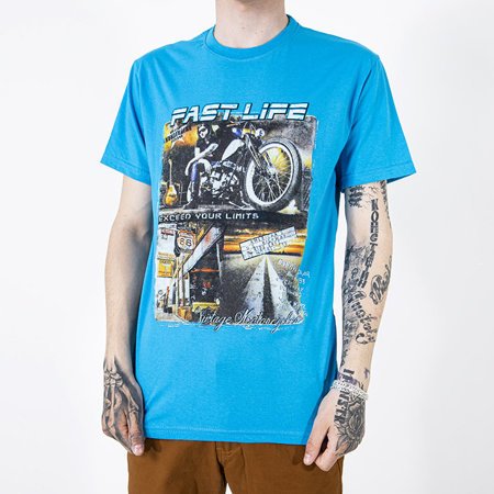 Sky blue printed cotton men's t-shirt - Clothing