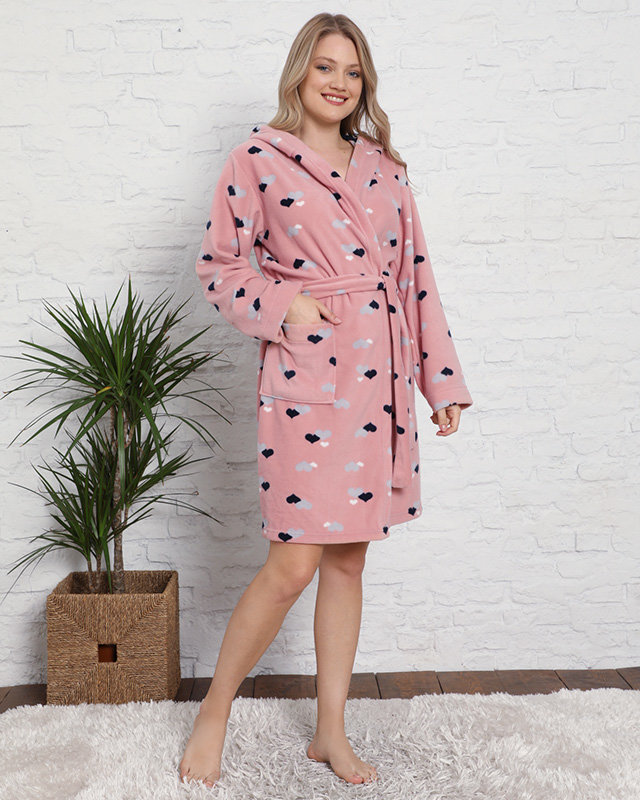 Soft pink women's bathrobe with hearts - Clothing