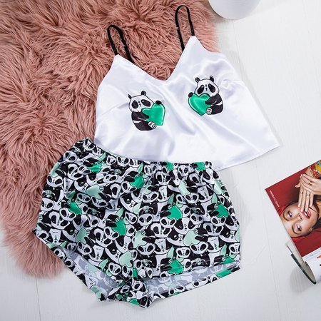 White and green 2 piece panda pajama set - Clothing