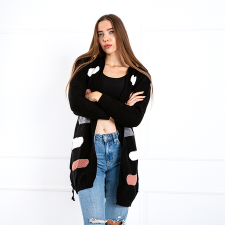 Women's Black Knotted Cardigan with Colorful Strips - Clothing