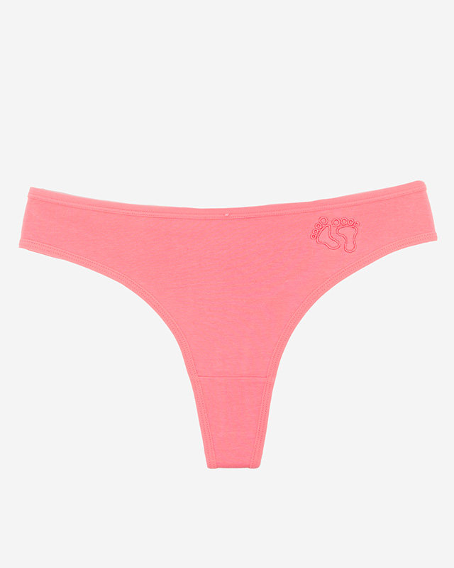 Women's coral cotton thong with embroidery - Underwear