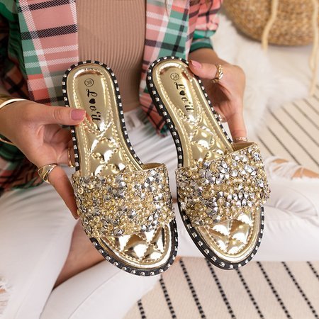 Women's golden quilted sandals with Dikara decorations - Footwear
