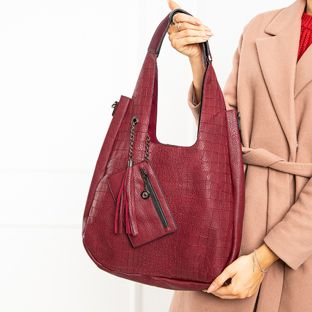 Women's maroon shopper bag with embossing - Accessories