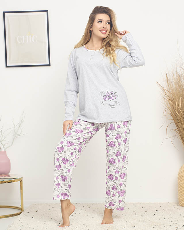 Women's pajamas with floral print in gray and purple PLUS SIZE- Clothing
