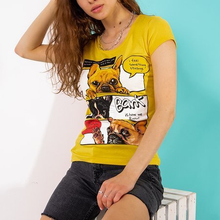 Yellow women's t-shirt with a color print - Clothing