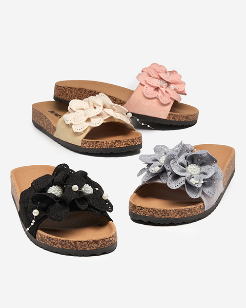 Beige women's slippers with fabric flowers Serine - Footwear