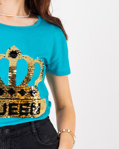 Blue ladies t-shirt with crown and sequins - Clothing
