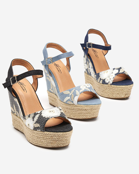 Blue women's sandals with flowers on a higher wedge Nerelid - Footwear