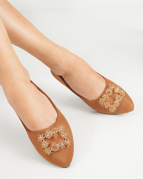 Brown women's eco-suede ballerinas with Linselisa ornament - Footwear