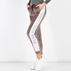 Brown women's insulated sweatpants with white stripes - Clothing