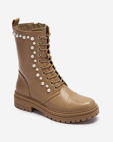 Brown women's lace-up boots with pearls Gunny- Footwear