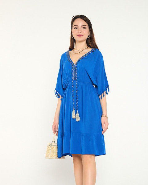 Cobalt short women's dress with frills and fringes - Clothing
