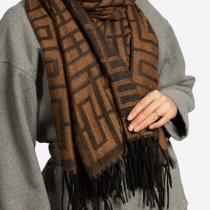 Dark brown patterned women's warm scarf - Accessories