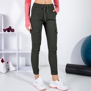 Dark green women's cargo pants with pockets - Clothing