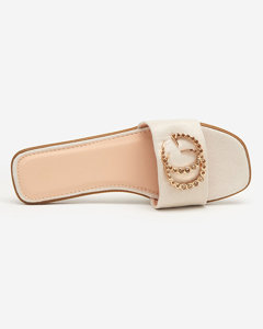 Eco suede beige slippers with a golden Hana ornament - Footwear