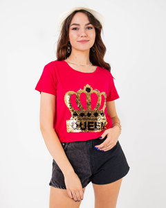 Fuchsia ladies t-shirt with crown and sequins - Clothing