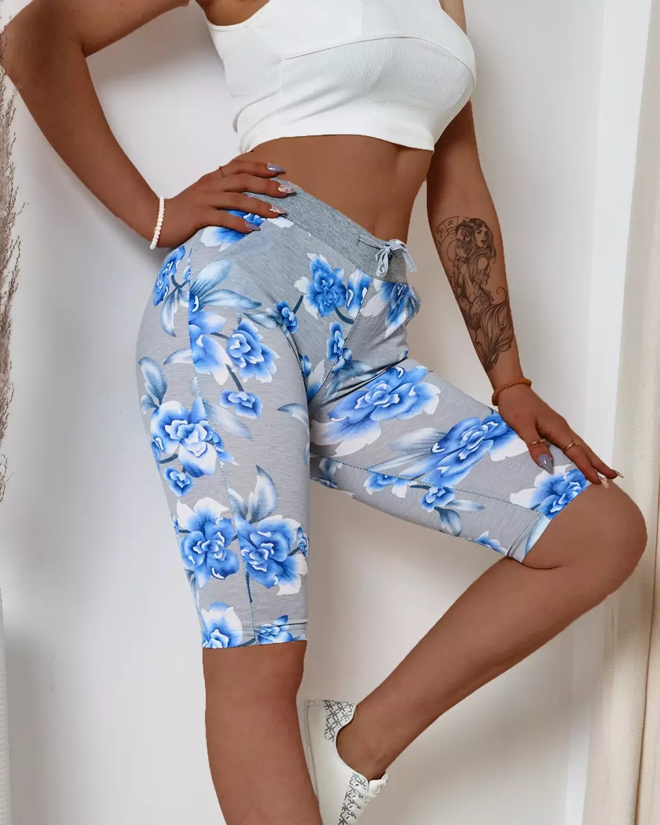 Gray 3/4 length women's shorts with blue flowers PLUS SIZE - Clothing
