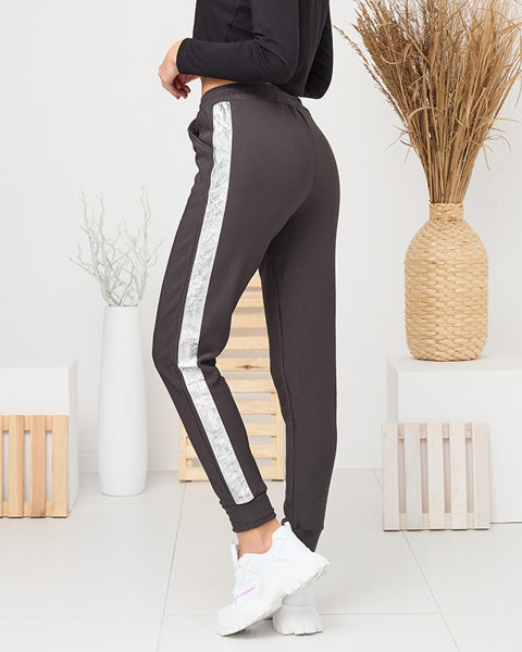 Gray insulated women's sweatpants with silver stripes- Clothing