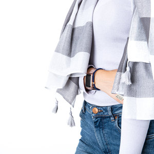 Gray women's lightweight checkered scarf with tassels - Accessories