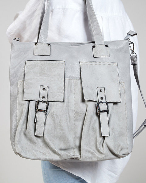 Gray women's shopper bag with decorative pockets - Accessories