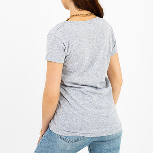 Gray women's t-shirt with a colorful flamingo print - Clothing
