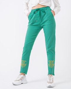 Green fabric pants for women with zircons - Clothing