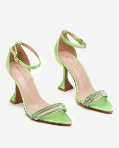 Green women's sandals on a high heel with decorative cubic zirconias Manestri - Footwear