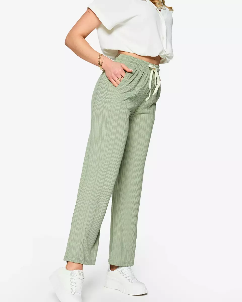 Green women's wide ribbed pants - Clothing