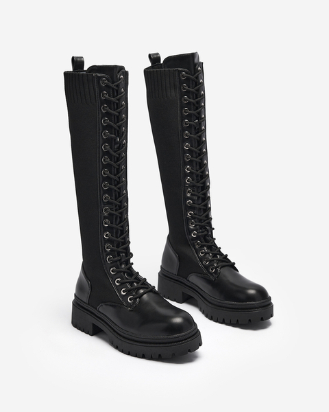 Lace-up women's knee-high boots in black Traddid- Footwear