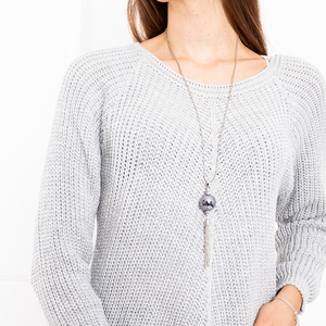 Light gray women's tunic-type sweater with a necklace - Clothing