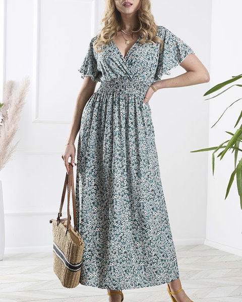Long green women's dress with small flowers - Clothing