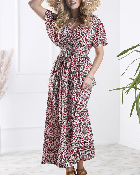 Long red women's dress with small flowers - Clothing