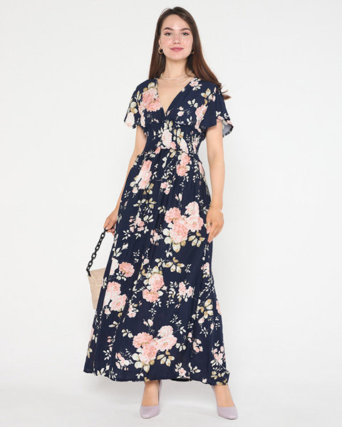 Navy airy women's floral dress with short sleeves - Clothing